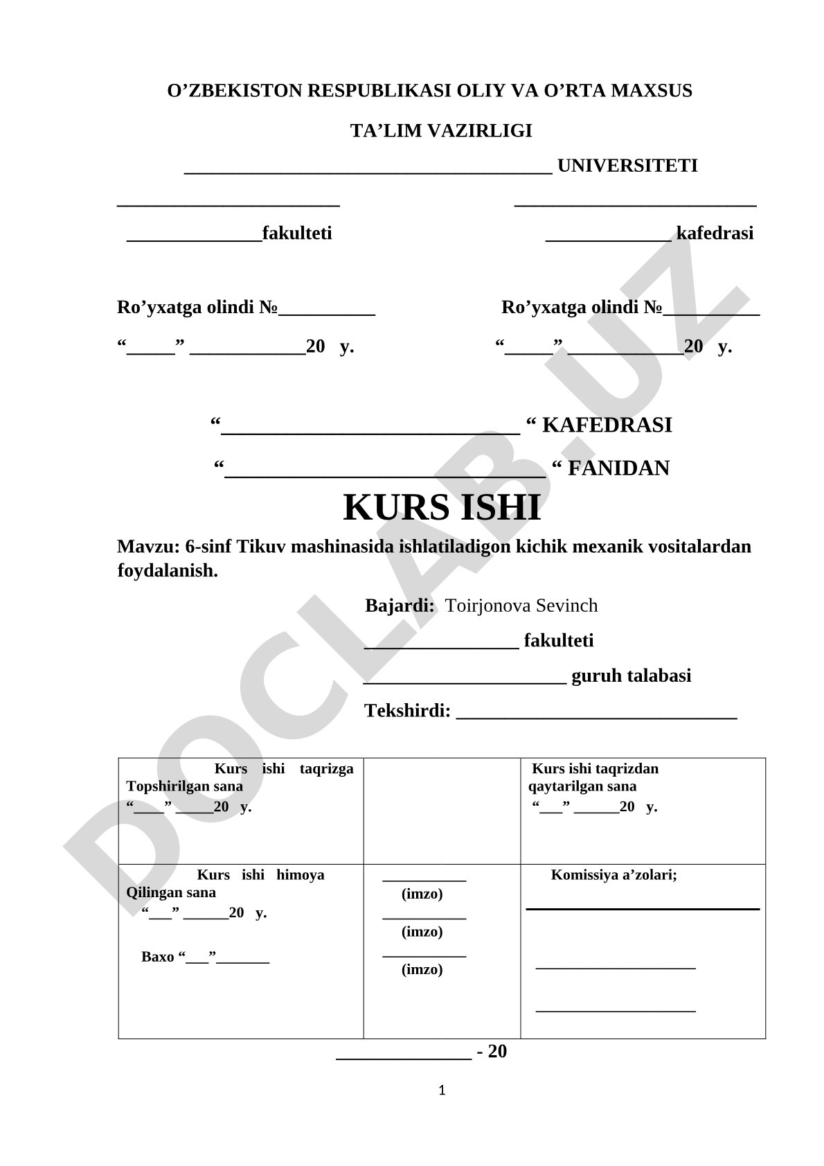 6-sinf Tikuv Mashinasi Kichik Mexanik Vositalari Kurs Ishi
