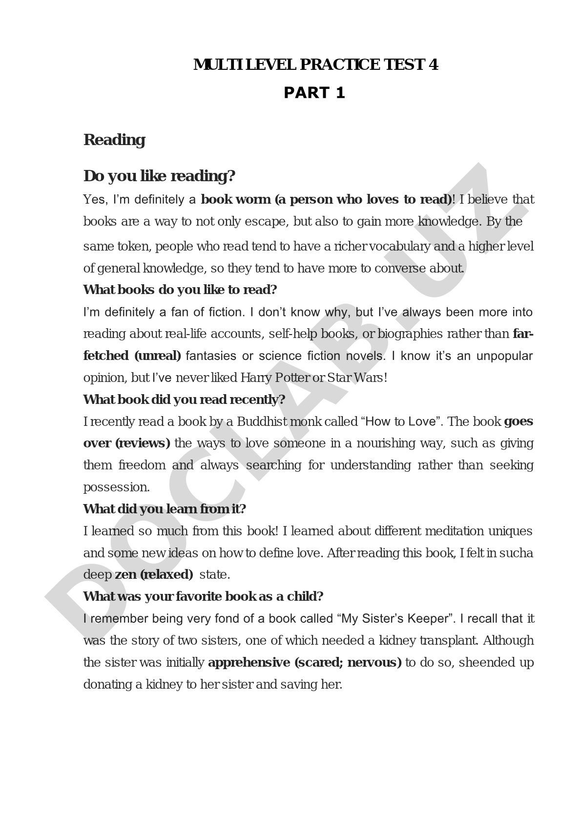 Multi Level Practice Test 4 Part 1 Reading