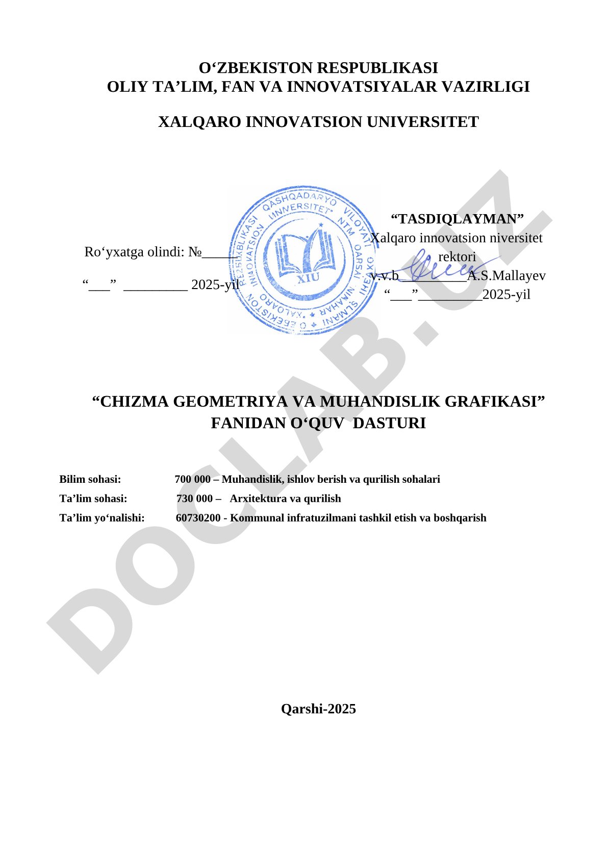 Chizma geometriya va muhandislik grafikasi o'quv dasturi
