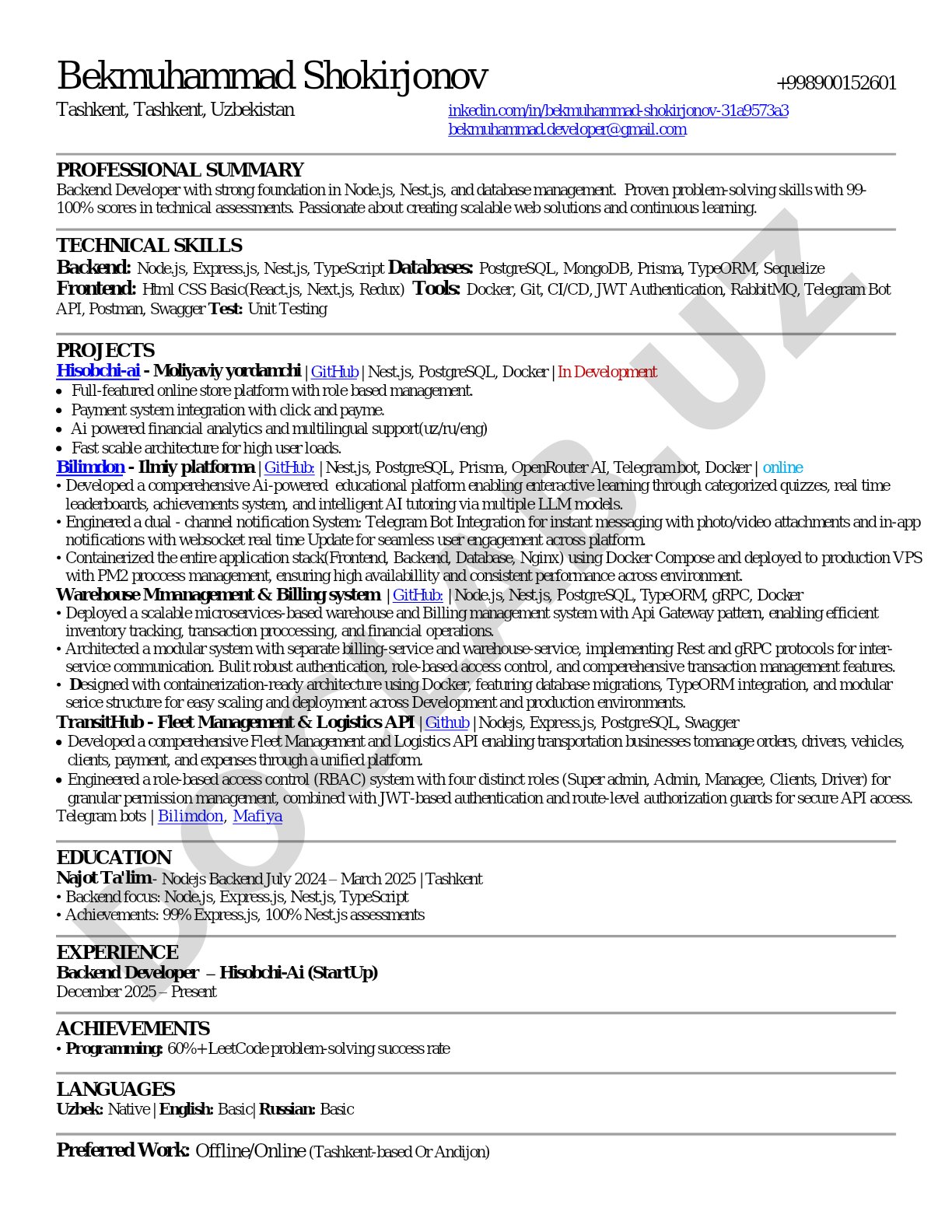 Backend Developer Resume - Bekmuhammad Shokirjonov