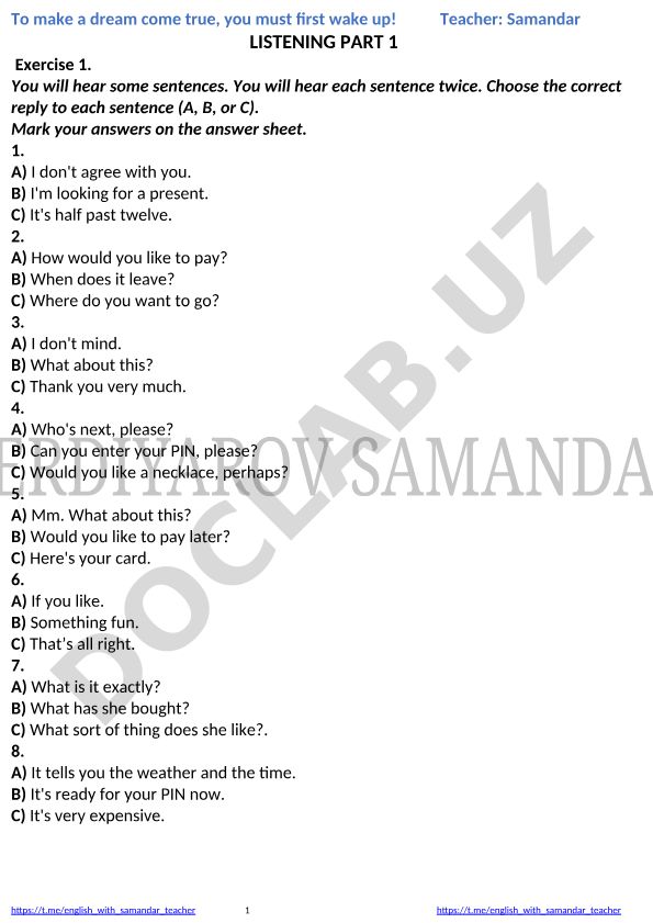 English listening comprehension exercises with answer choices