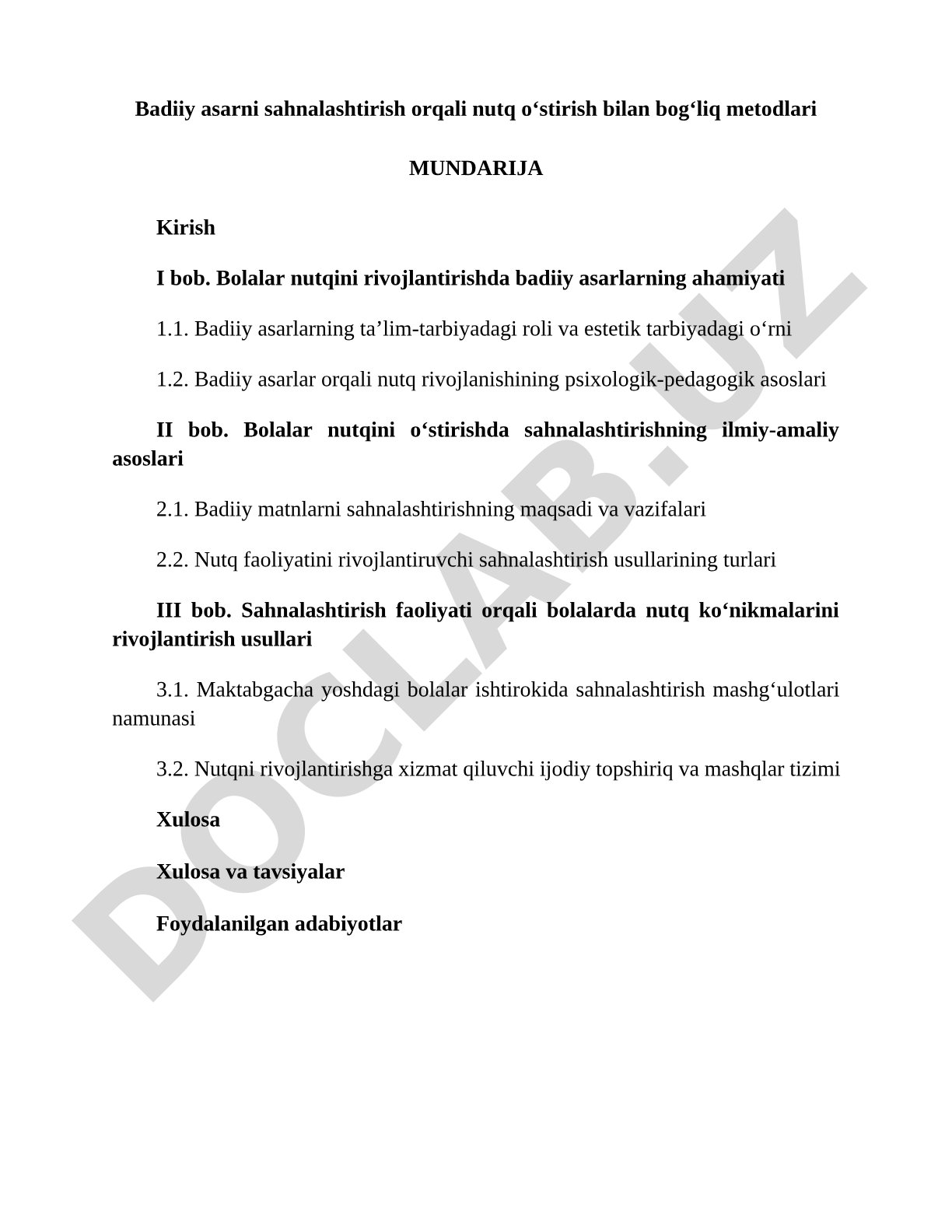 Badiiy asarlarni sahnalashtirish orqali nutqni rivojlantirish metodikasi