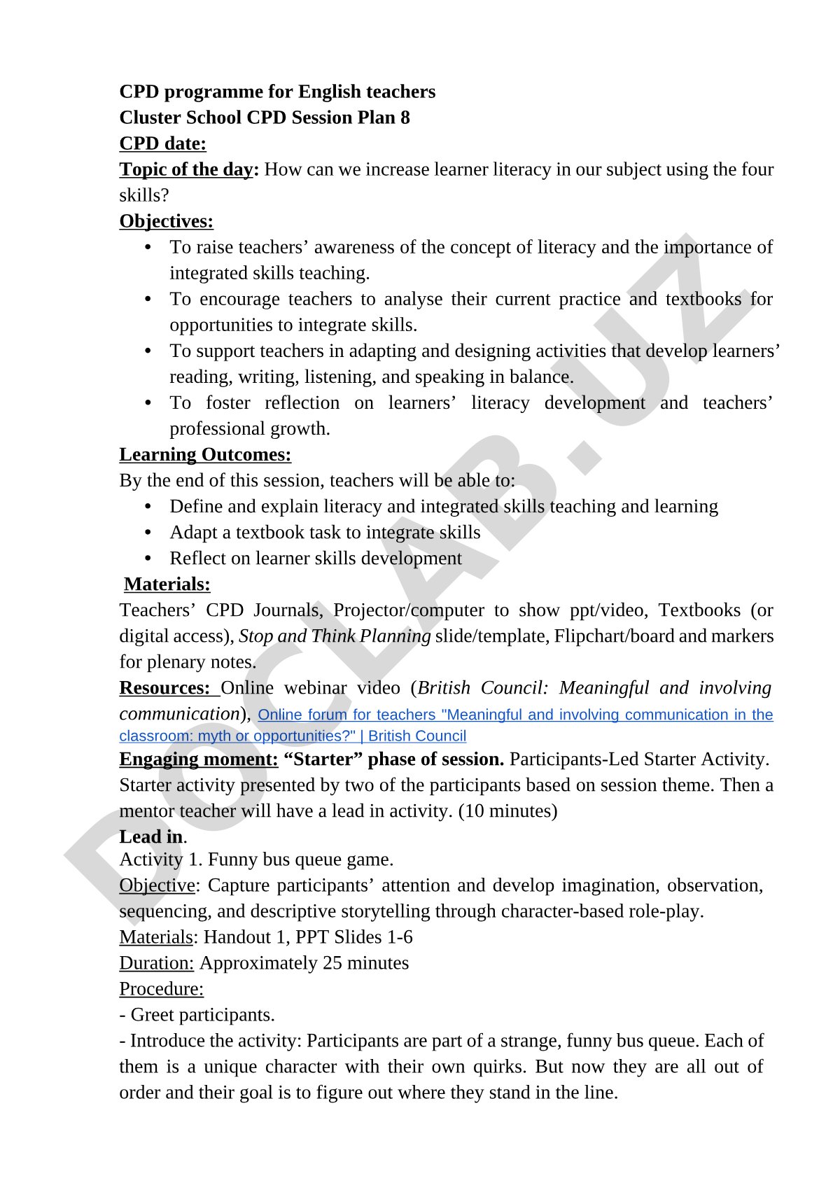 CPD Session Plan: Literacy Skills Integration