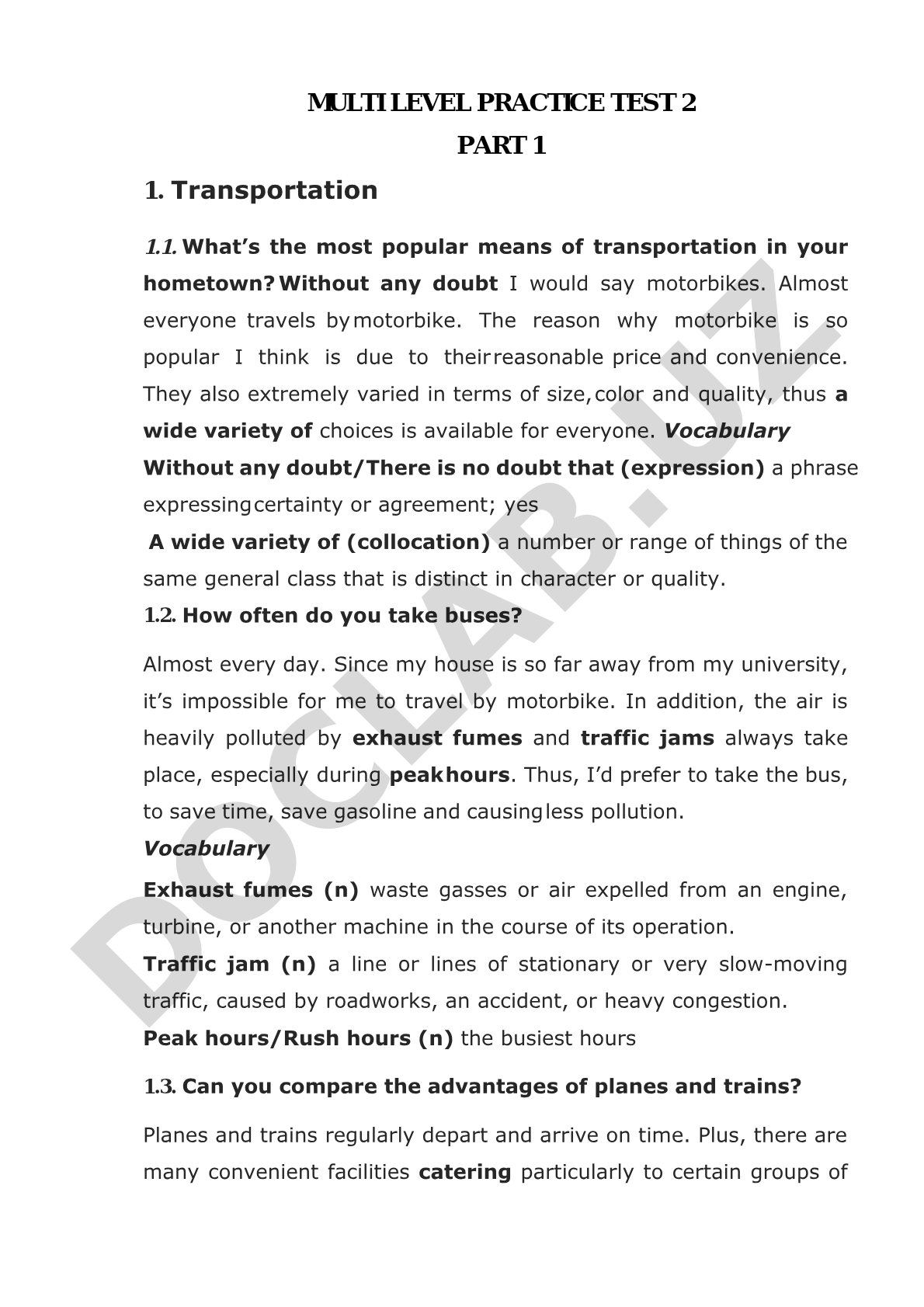 Multi Level Practice Test 2 Part 1 Transportation