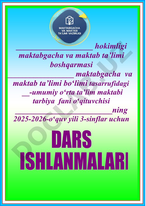 3-sinflar uchun tarbiya fanidan taqvim mavzu rejasi