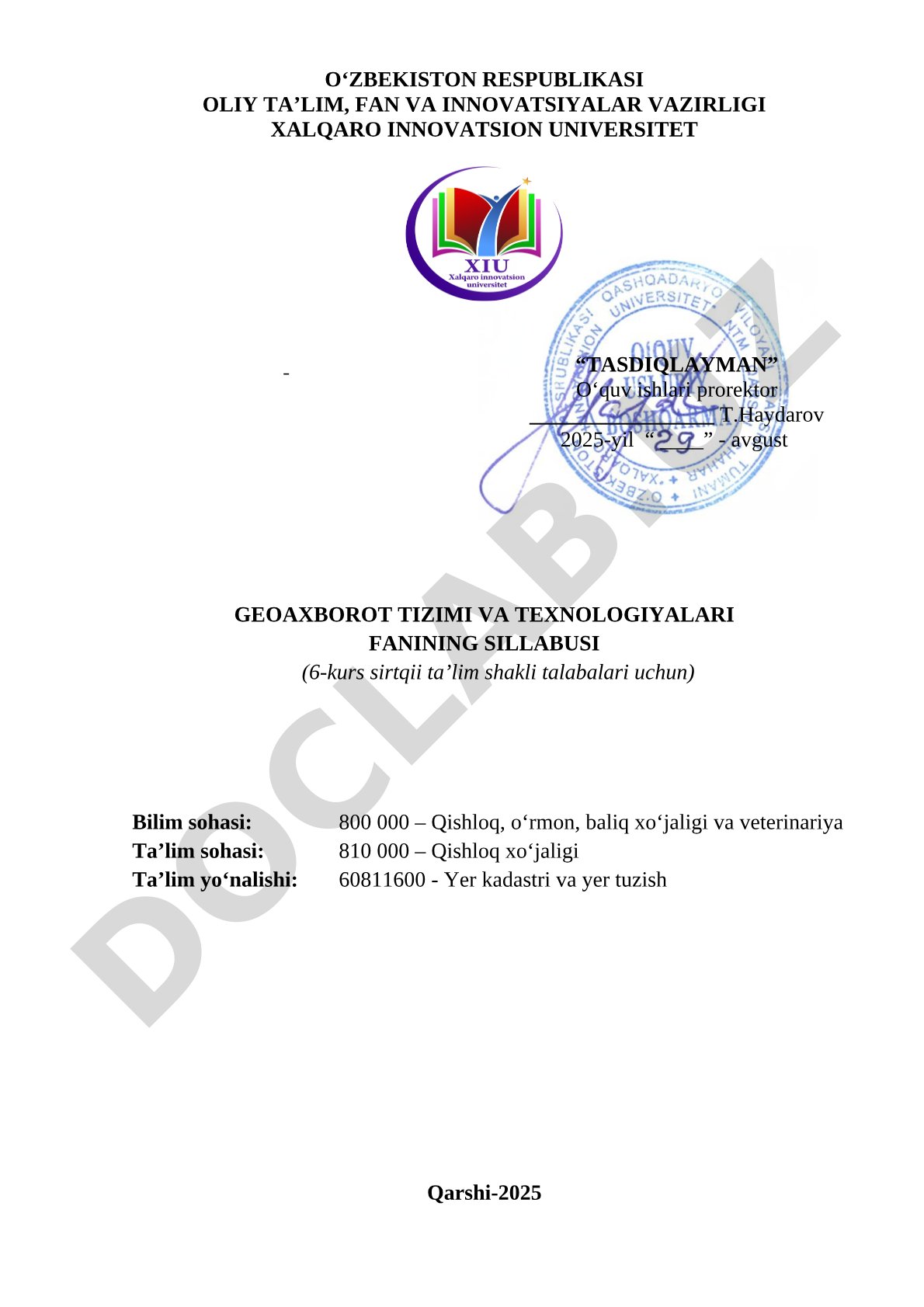 Geoaxborot Tizimi va Texnologiyalari Sillabusi