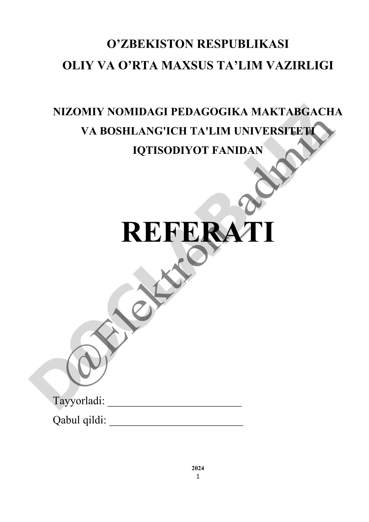 Iqtisodiyot fanidan referat