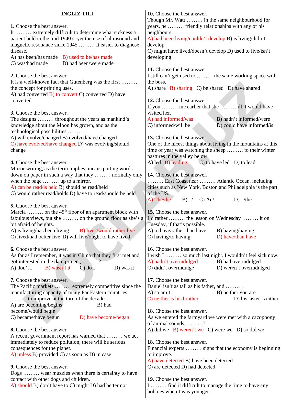 Ingliz tili test topshiriqlari