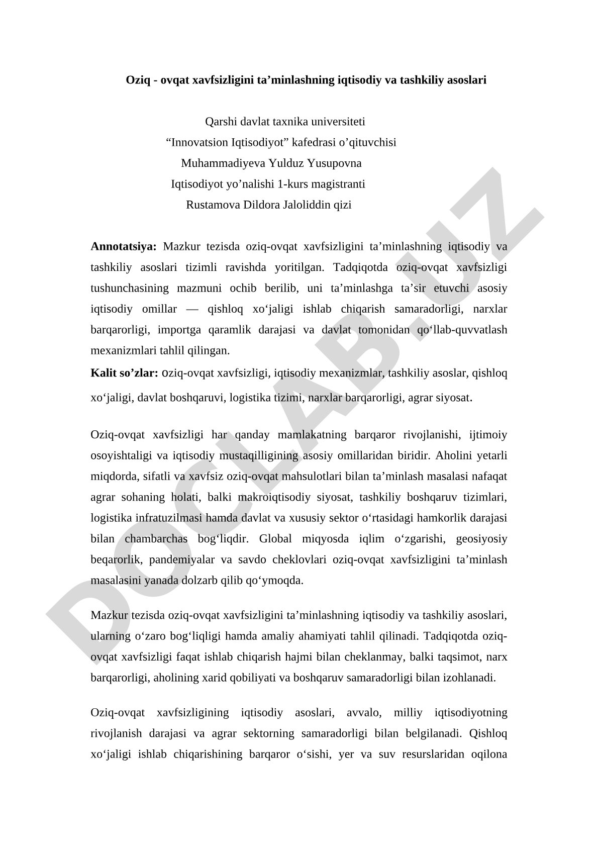 Oziq-ovqat xavfsizligi iqtisodiy va tashkiliy asoslari