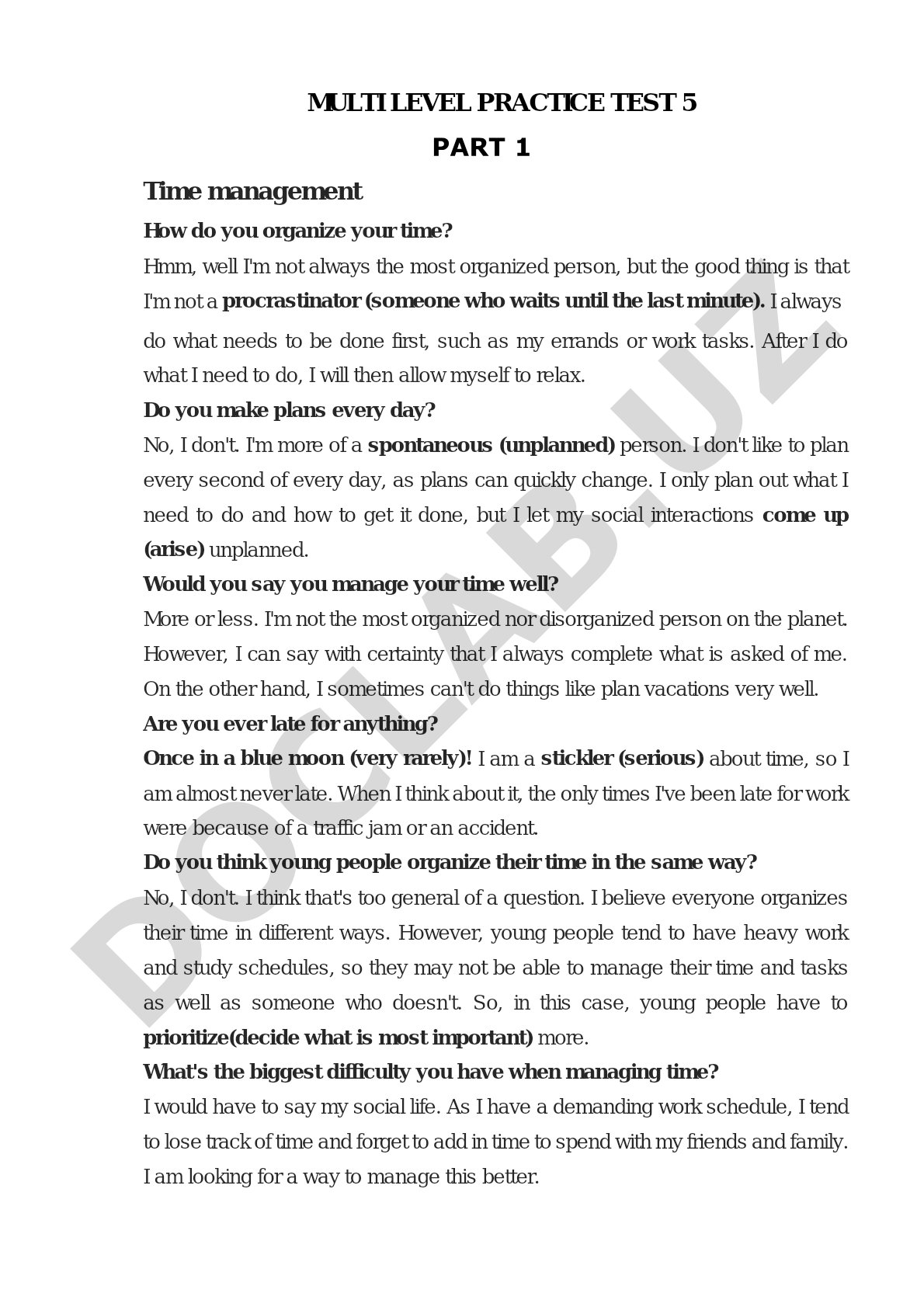 Multi Level Practice Test 5 Part 1 Time Management