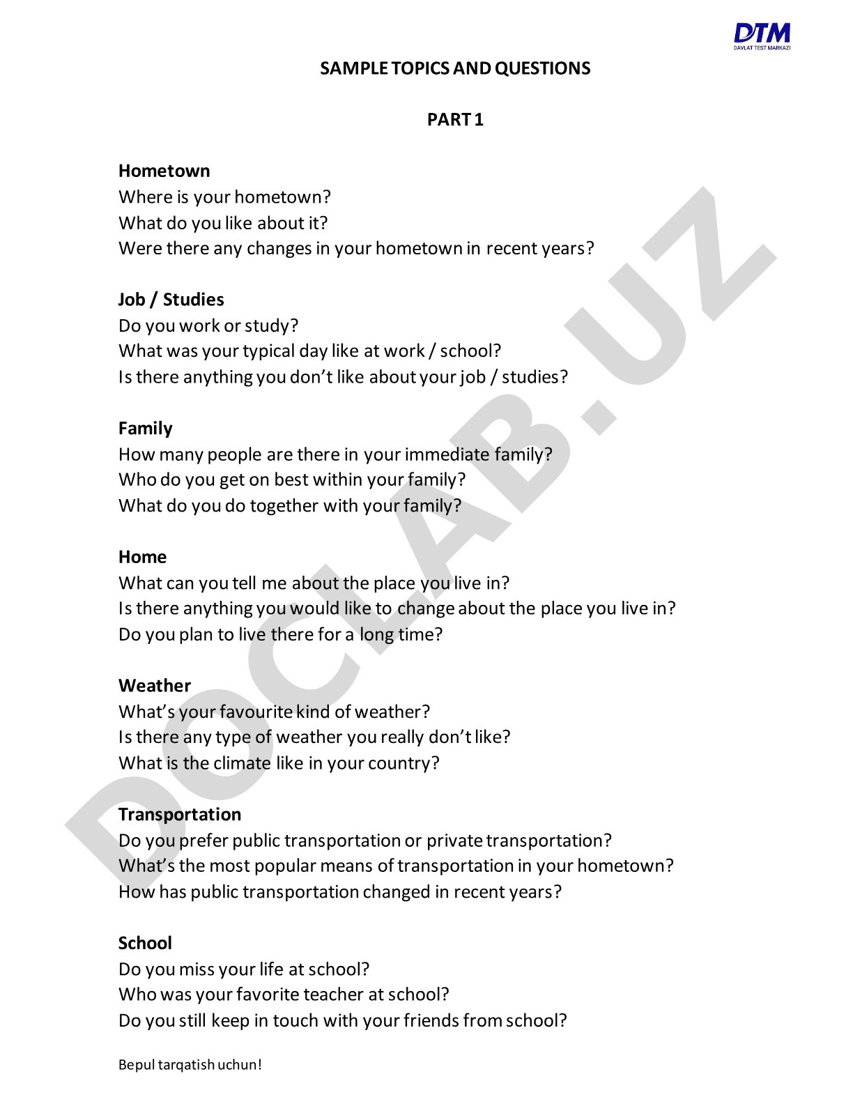 Sample Topics and Questions Part 1