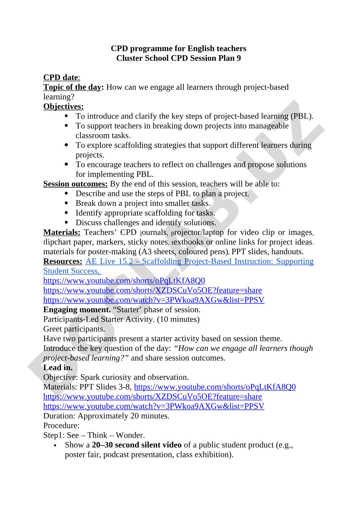 CPD Session Plan: Project-Based Learning for English Teachers