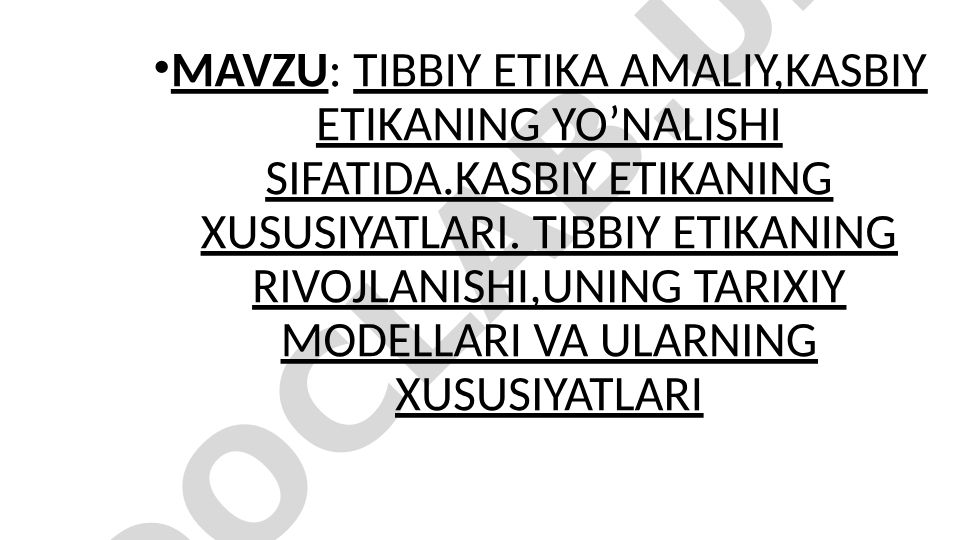 Tibbiy etika amaliy, kasbiy etikaning yo’nalishi sifatida. Kasbiy etikaning xususiyatlari. Tibbiy etikaning rivojlanishi, uning tarixiy modellari va ularning xususiyatlari