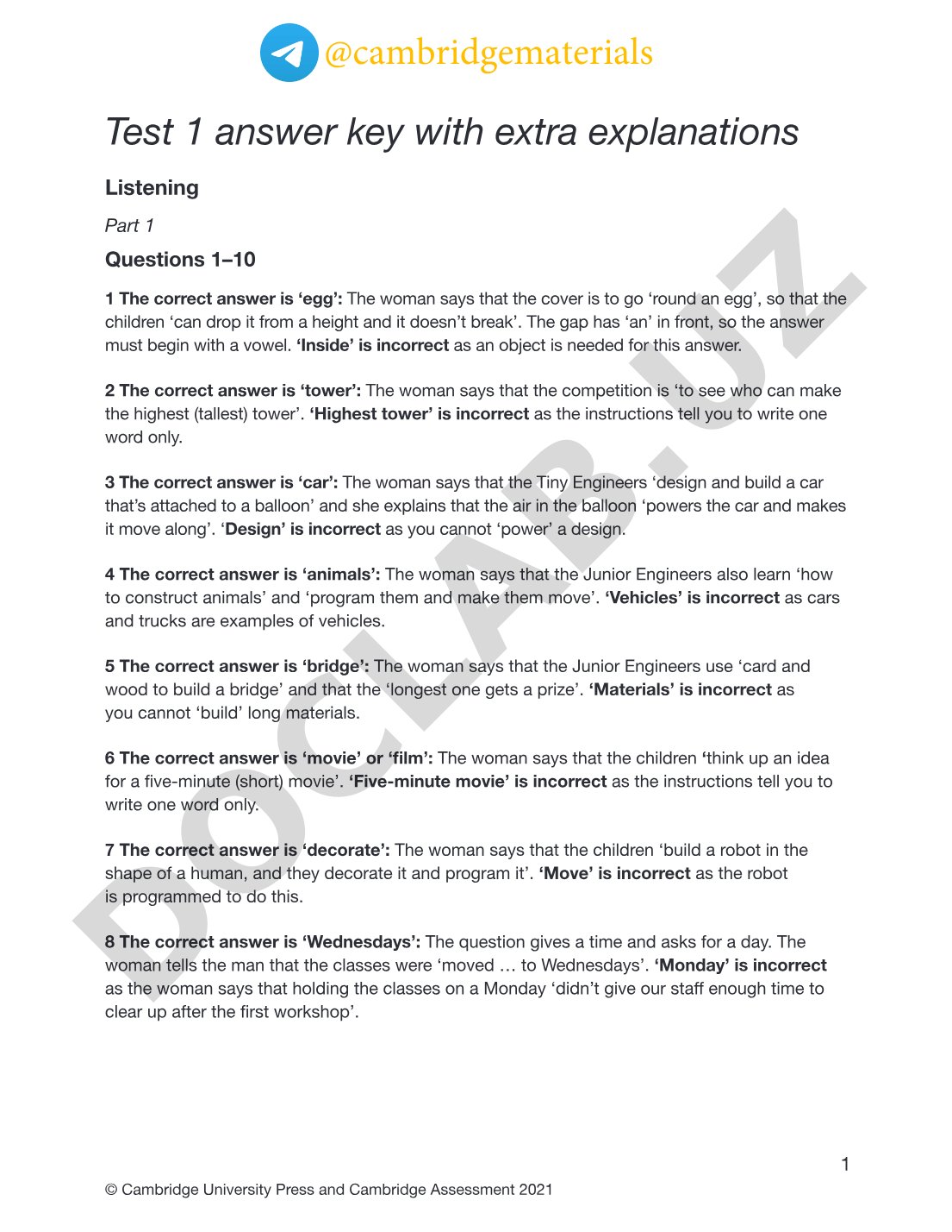 Test 1 answer key with extra explanations Listening Part 1