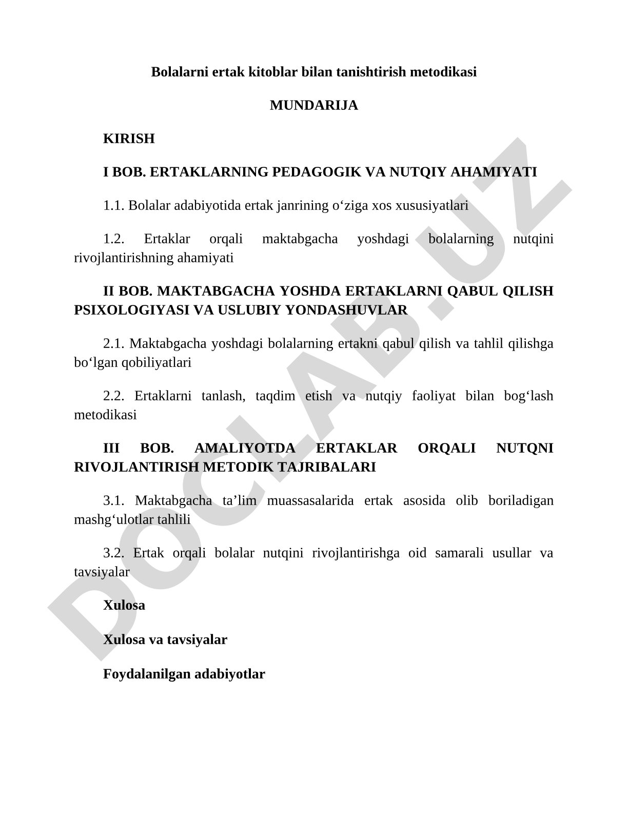 Ertaklar orqali bolalar nutqini rivojlantirish metodikasi