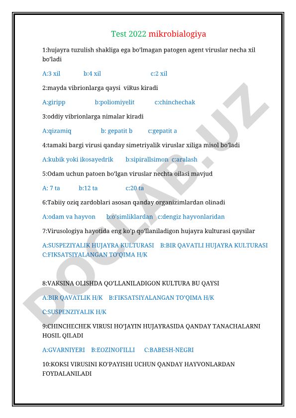 Mikrobiologiya test savollari va javoblari