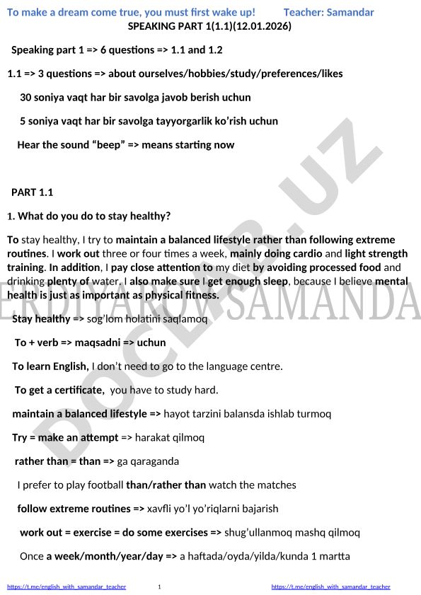 IELTS Speaking Part 1 uchun tayyorgarlik va namuna javoblar