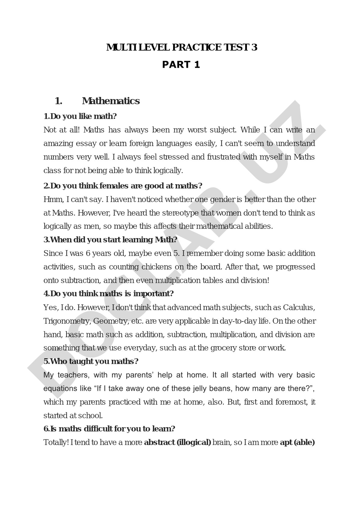 Multi Level Practice Test 3 Part 1 - Mathematics