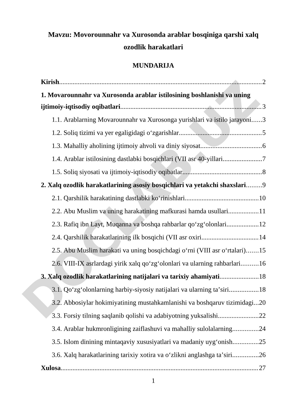 Movorounnahr va Xurosonda arablar bosqiniga qarshi xalq ozodlik harakatlari
