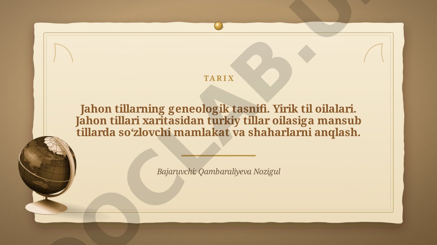 Jahon tillarning geneologik tasnifi. Yirik til oilalari. Jahon tillari xaritasidan turkiy tillar oilasiga mansub tillarda soʻzlovchi mamlakat va shaharlarni anqlash.