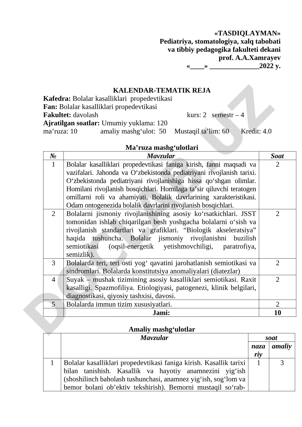 Bolalar kasalliklari propedevtikasi fanidan kalendar-tematik reja