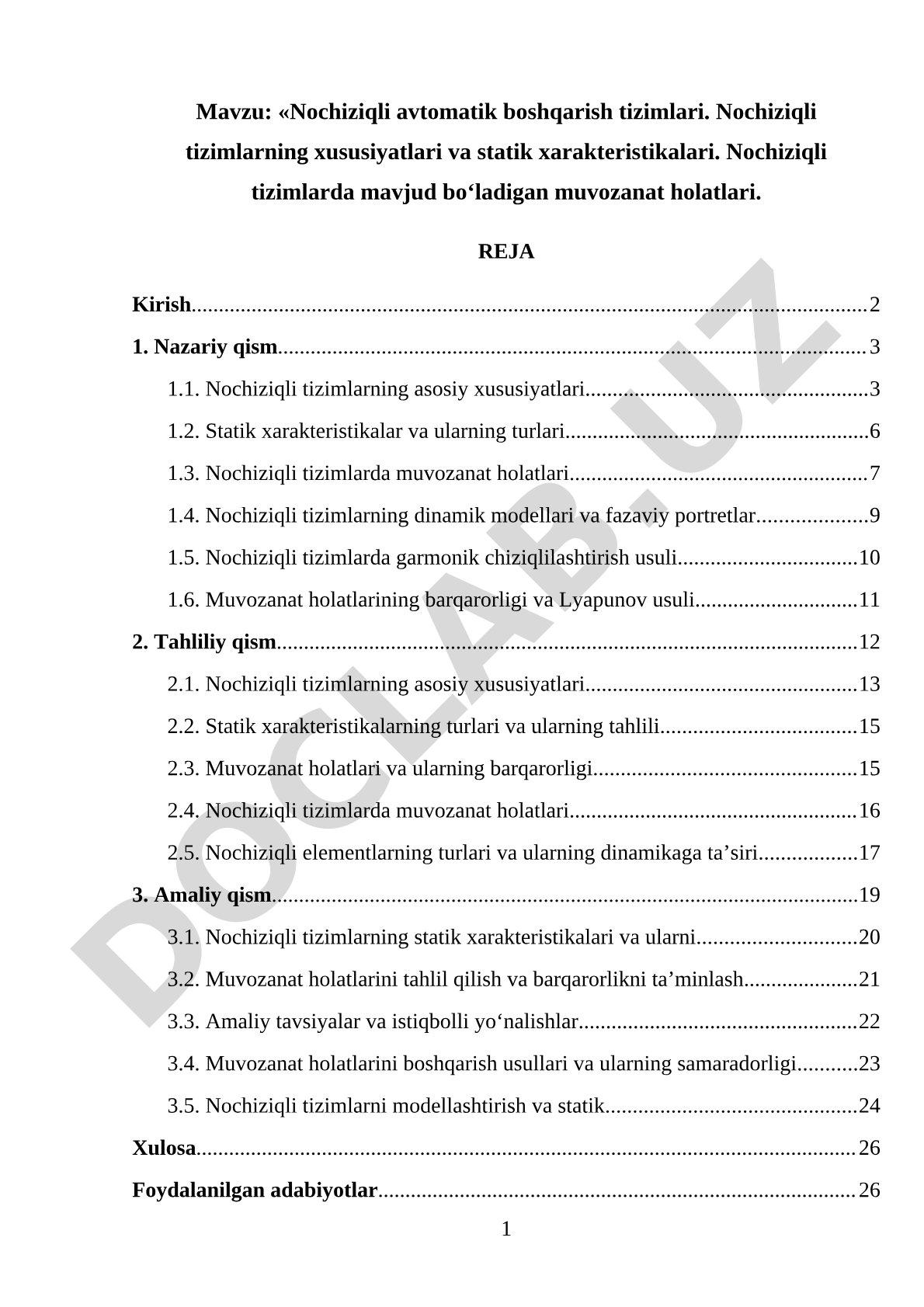 «Nochiziqli avtomatik boshqarish tizimlari. Nochiziqli tizimlarning xususiyatlari va statik xarakteristikalari. Nochiziqli tizimlarda mavjud bo‘ladigan muvozanat holatlari.