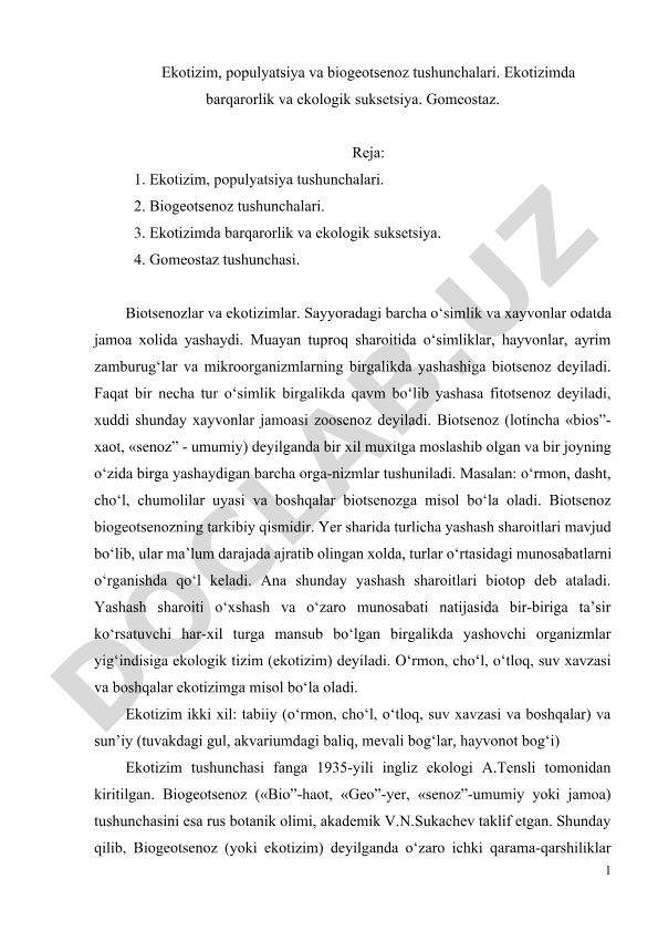 Ekotizim, populyatsiya va biogeotsenoz tushunchalari