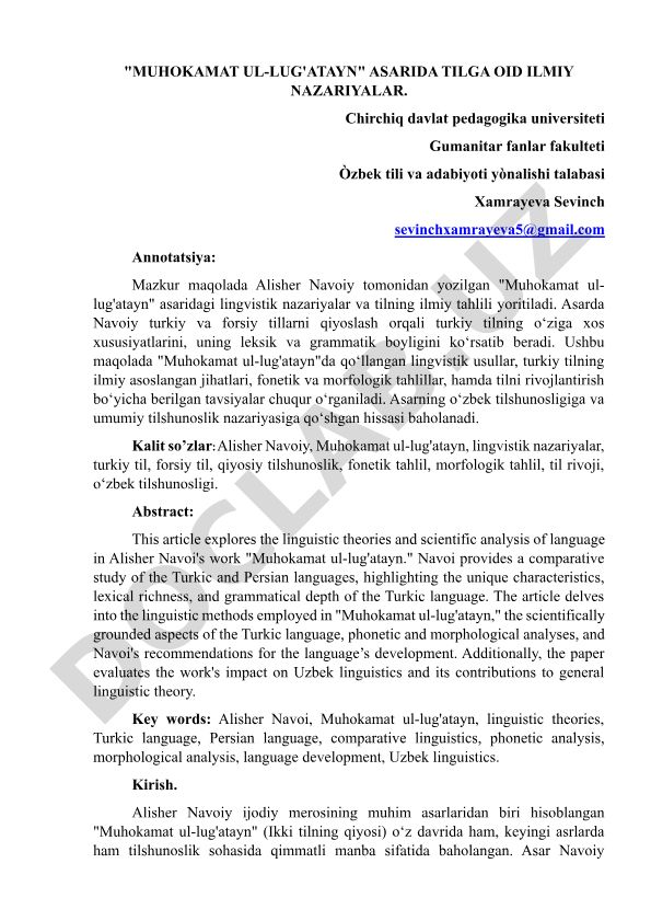Alisher Navoiyning 'Muhokamat ul-lug'atayn' asaridagi tilshunoslik nazariyalari