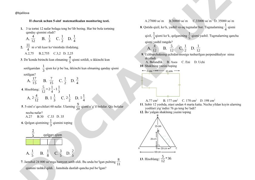 5-sinf matematikadan monitoring testi