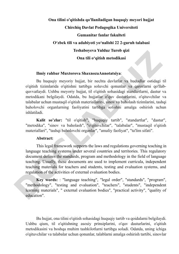 Ona tilini o'qitishda qo'llaniladigan huquqiy meyoriy hujjat