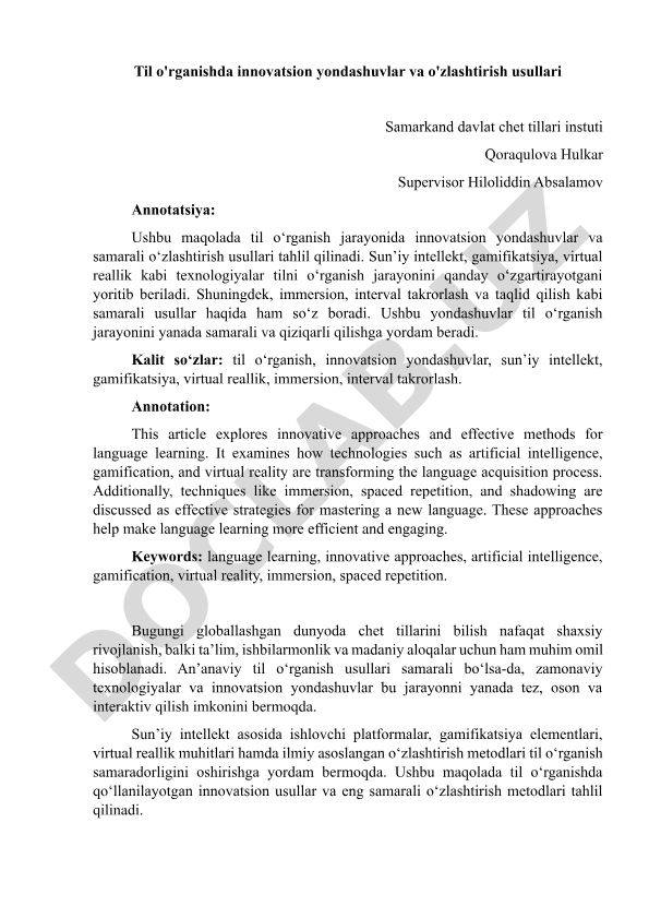 Til o'rganishda innovatsion yondashuvlar va o'zlashtirish usullari