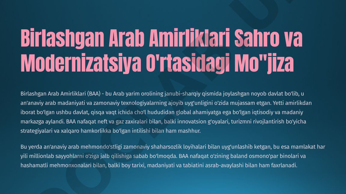 Birlashgan Arab Amirliklari Sahro va Modernizatsiya O'rtasidagi Mo''jiza