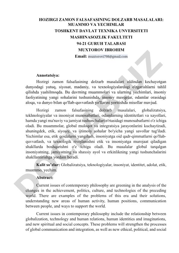 Hozirgi zamon falsafasining dolzarb masalalari: muammo va yechimlar