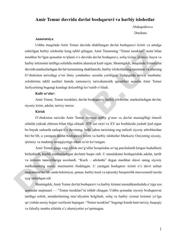 Amir Temur davrida davlat boshqaruvi va harbiy islohotlar