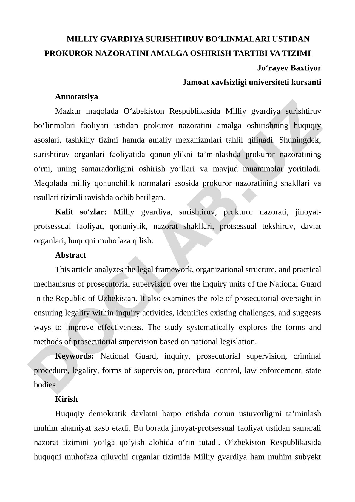 Milliy gvardiya surishtiruv bo‘linmalari ustidan prokuror nazoratini amalga oshirish tartibi va tizimi