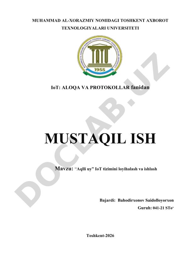 “Aqlli uy” IoT tizimini loyihalash va ishlash