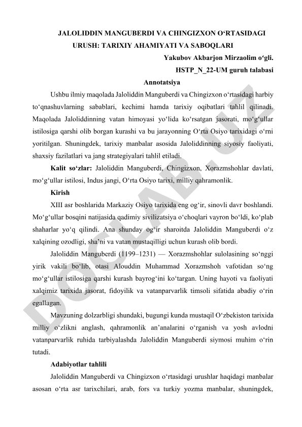 Jaloliddin Manguberdi va Chingizxon o'rtasidagi urush: tarixiy ahamiyati va saboqlari