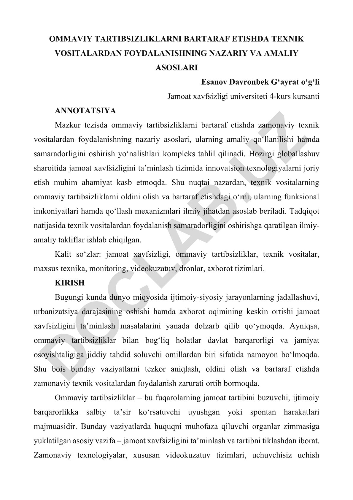 Ommaviy tartibsizliklarni bartaraf etishda texnik vositalardan foydalanishning nazariy va amaliy asoslari