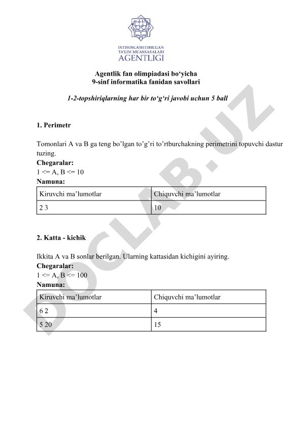9-sinf informatika fanidan olimpiada savollari