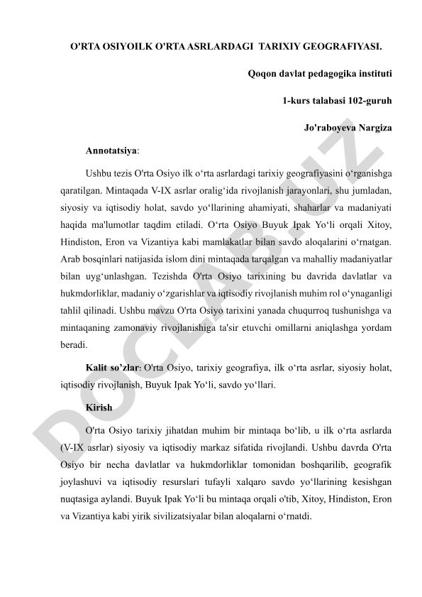 O'rta Osiyo ilk o'rta asrlardagi tarixiy geografiyasi