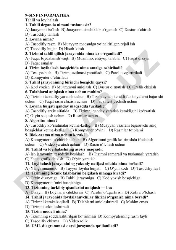 Informatika fanidan test savollari - Tahlil va loyihalash