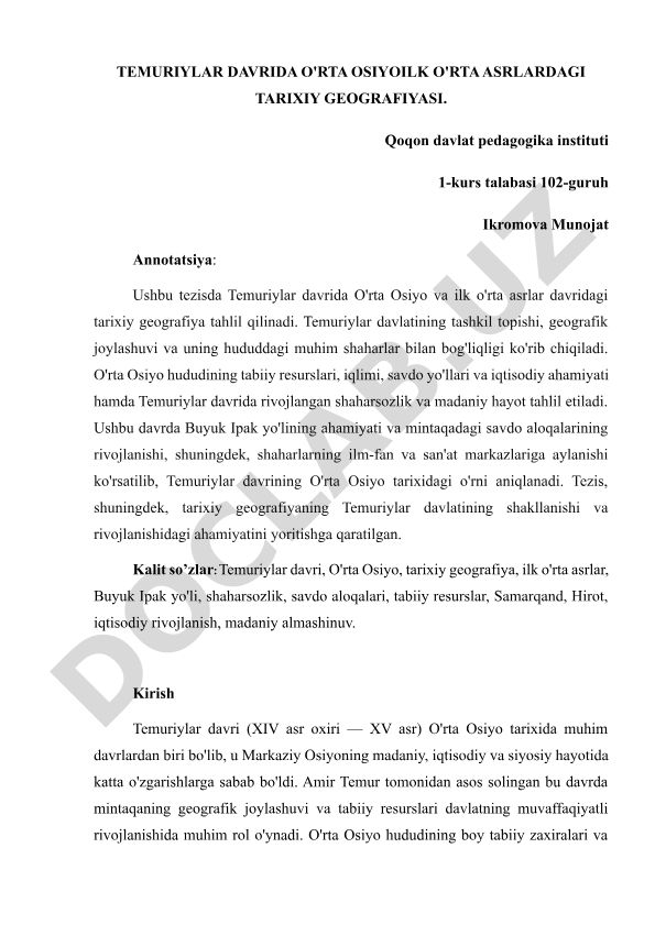 Temuriylar davrida O'rta Osiyo va ilk o'rta asrlar tarixiy geografiyasi