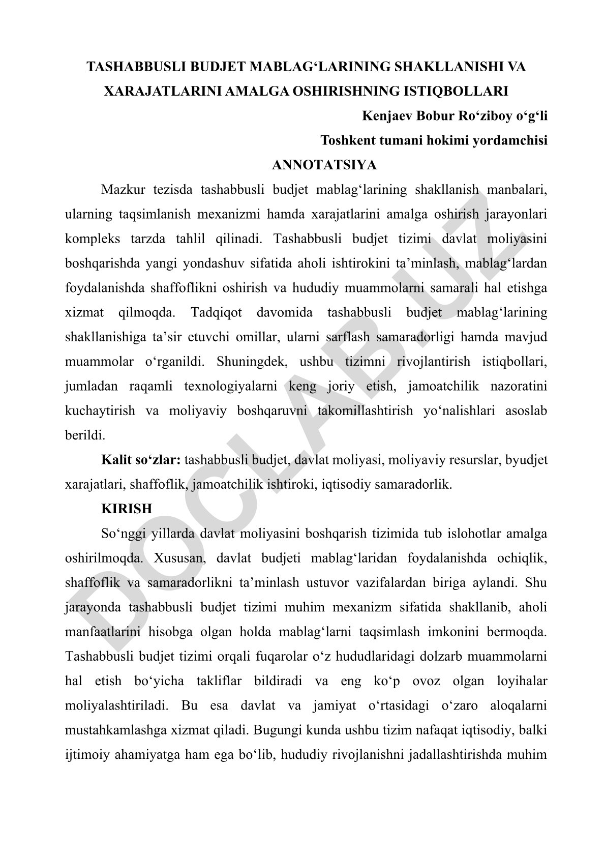 Tashabbusli budjet mablag‘larining shakllanishi va xarajatlarini amalga oshirishning istiqbollari