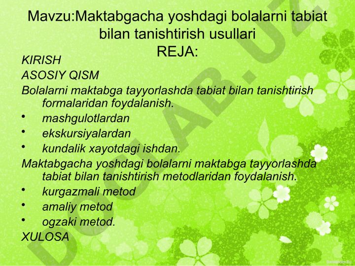 Maktabgacha yoshdagi bolalarni tabiat bilan tanishtirish usullari