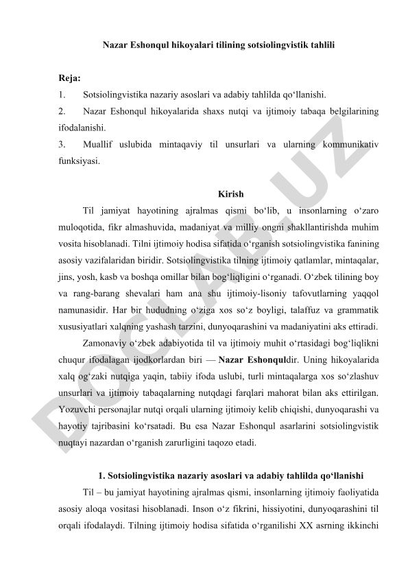 Nazar Eshonqul hikoyalari tilining sotsiolingvistik tahlili