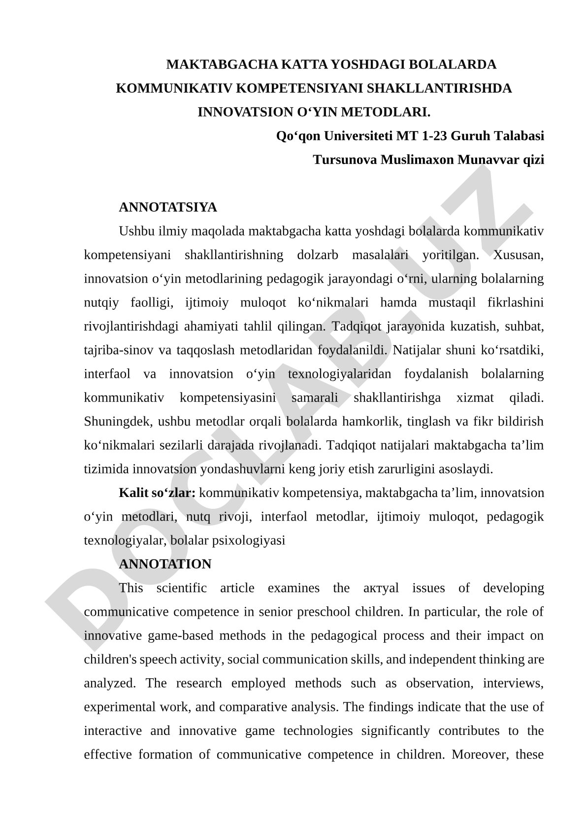 Maktabgacha katta yoshdagi bolalarda kommunikativ kompetensiyani shakllantirishda innovatsion o'yin metodlari