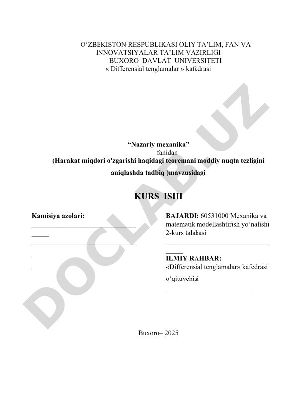 Harakat miqdori o'zgarishi haqidagi teoremani moddiy nuqta tezligini aniqlashda tadbiq