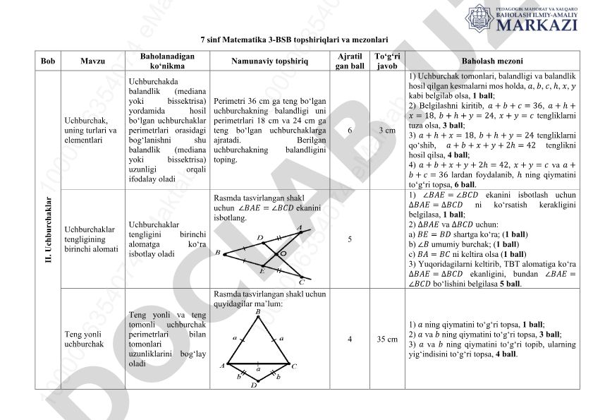Uchburchaklar tengligining birinchi alomati va balandlik orqali perimetr bog'liqligi