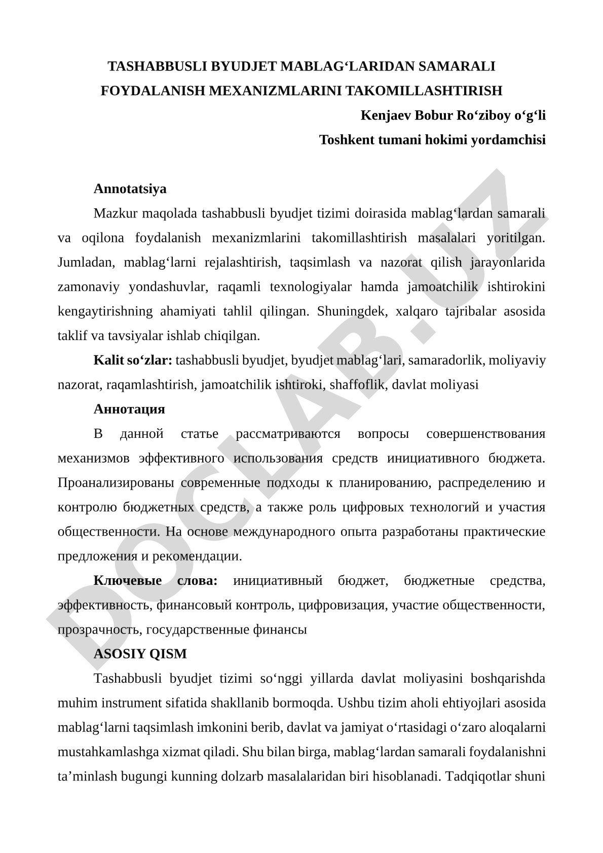Tashabbusli byudjet mablag‘laridan samarali foydalanish mexanizmlarini takomillashtirish