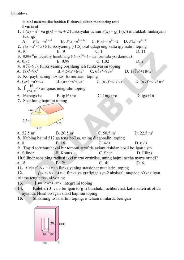 11-sinf matematika fanidan II chorak monitoring testi